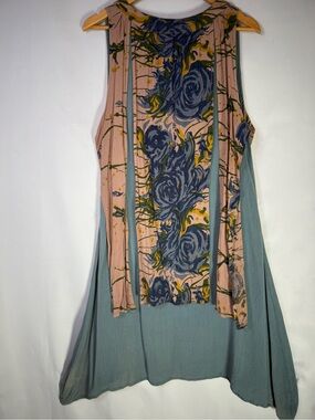 Tribe - Lightweight Dress in Dusty Blue with Blush Floral Trim Size L